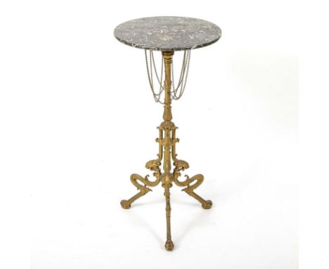 Guéridon. Ende 19. Jh.             Eisenguss, bronziert, grauer Marmor. H 77,5 cm, Ø 37,5 cm.             Historismus-Beistel