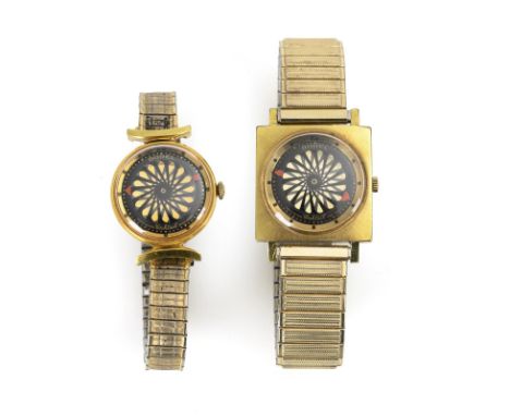             2 außergewöhnliche "Cocktail"-Skelettarmbanduhren mit "Mystery Kaleidoscope"-Ziffernblättern. Ernest Borel. 1960e