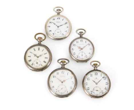             5 silberne Taschenuhren. 1. H. 20. Jh. Schweizer Werke mit Kronenaufzug, 3 Uhren im Kurzzeittest funktionstüchtig