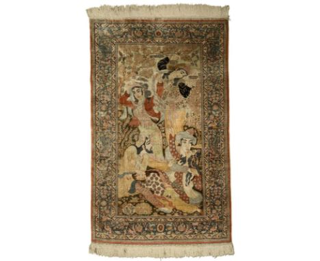 Signierter Seiden-Bildteppich mit goldbroschierter Bordüre. 2. H. 20. Jh. In der Bordüre oben signiert.             Seide auf