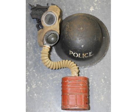 WW2 POLICE HELMET & 1939 GAS MASK 