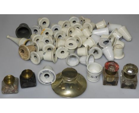 COLLECTION OF INK WELLS & CERAMIC INKWELL INSERTS 