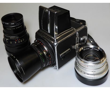 HASSELBLAD 500C CAMERA, DISTAGON 1:4 F=50mm LENS, CARL ZEISS F80mm LENS, SONNAR F150mm LENS, 3 VIEWERS & SHUTTER RELEASE CABL