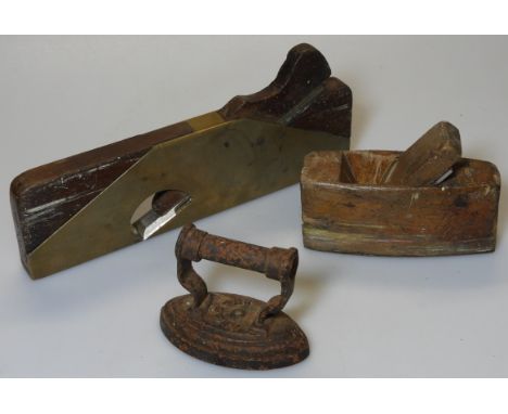 BRASS MOUNTED SASH, SMALL PLANE & A.K & SONS SMALL FLAT IRON 