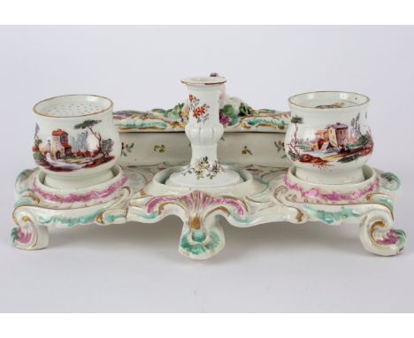 A Derby desk set, circa 1770, patch marks, painted with figures besides lakes and butterflies and insects, the inkstand surmo