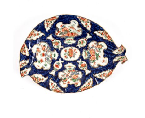 A Worcester blue scale ground leaf-shaped dish painted rich Kakiemon flowers, circa 1770, ex Zorensky Collection/see illustra