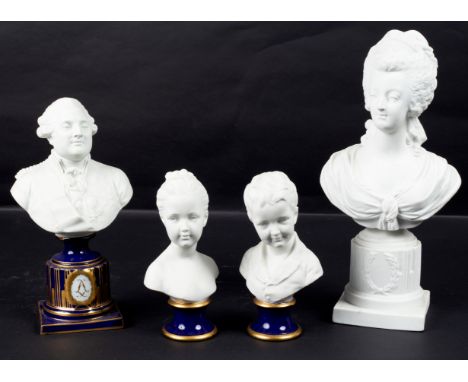 A Sèvres style bisque porcelain bust of Louis XVI, on a fluted gilt and cobalt blue column, 29cm high a bisque porcelain bust