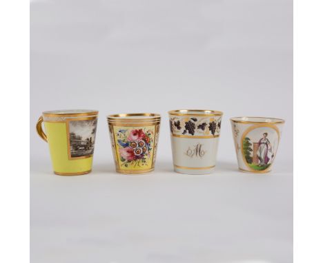 Three English porcelain tapering cylindrical beakers circa 1800, comprising a Worcester example decorated en grisaille with f