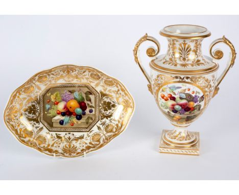 A Derby two-handled vase and a lobed oval dish, circa 1815-20, each painted with a still life of fruit in the style of Thomas