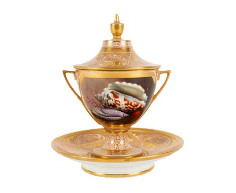 A Worcester (Barr, Flight & Barr) two-handled vase, cover and stand, circa 1815, printed and impressed marks, painted with a 