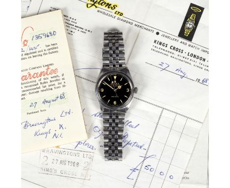 A gentleman's Rolex Oyster Explorer wristwatch, with black gloss dial, on an associated bracelet, with the original incomplet