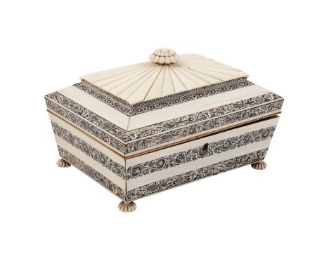 An early 19th Century Anglo Indian ivory work box with reeded finial and cover, decorated pen and inkwork panels of flowers f