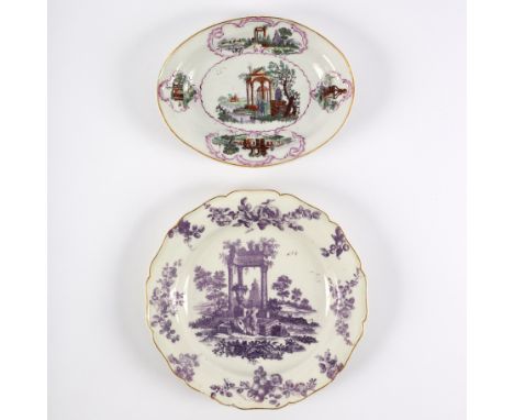 A Chelsea or Worcester oval stand with ruins in a Rococo border, circa 1760, 20cm wide and a purple printed shaped plate with