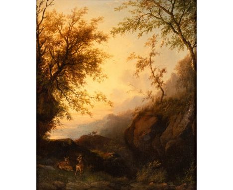 19th Century English School/Deer in a Mountainous Landscape/oil on oak panel, 29cm x 24.5cm