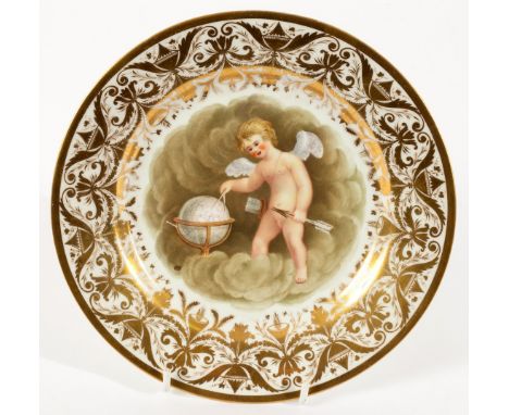 A Derby cabinet plate, circa 1815, painted Cupid surveying a terrestrial globe by Robert Brewer, with a gilt border festooned