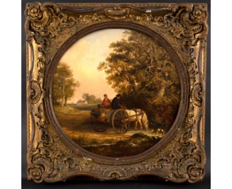 Thomas Smythe (British 1825-1926)/Couple in a Cart, Horse Drinking from a Brook/signed/tondo, oil on panel, 40.5cm diameter C