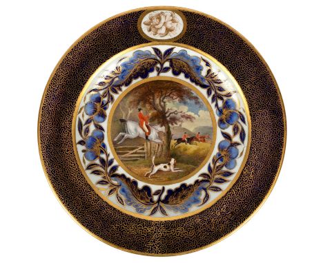 A Derby plate, circa 1815, decorated a hunting scene by William Cotton, 24cm diameter/see illustration CONDITION REPORT: 240 