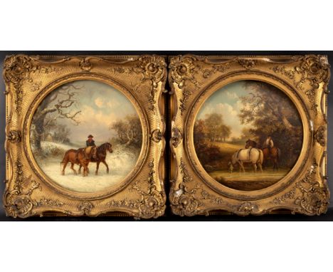 Thomas Smythe (British 1825-1926)/Plough Horses in Snow/Plough Team Drinking from a Brook/a pair/signed/tondo,oil on panel, 3