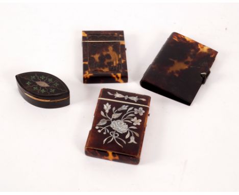 A 19th Century pressed tortoiseshell visiting card case, decorated a Gothic arch, 9cm high, another tortoiseshell visiting ca