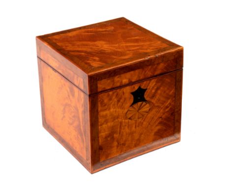 A George III satinwood and crossbanded tea caddy, the front with oval bats wing patera, single lidded compartment, 13.5cm wid