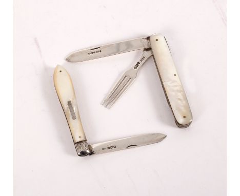 A Victorian mother-of-pearl handled penknife, fitted a folding knife and fork, B&amp;C, Sheffield 1891 and another, WN, Sheff