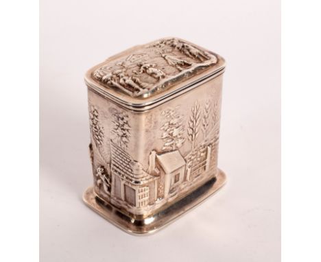 A rectangular silver tea caddy, John Aldwinckle &amp; Thomas Slater, London 1891, embossed cottage landscapes and figures, 9c