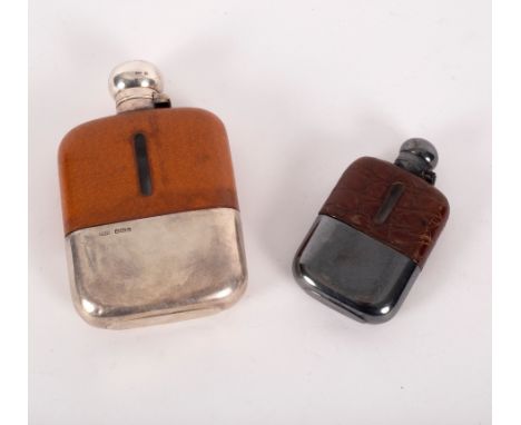 A silver mounted hip flask, James Dixon &amp; Sons, Sheffield 1953, with leather covered upper and pull off silver cup and a 