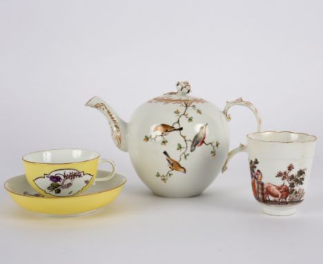A Fürstenberg bullet-shaped teapot and cover, circa 1755, blue script f mark painted with birds on leafy branches (handle cra