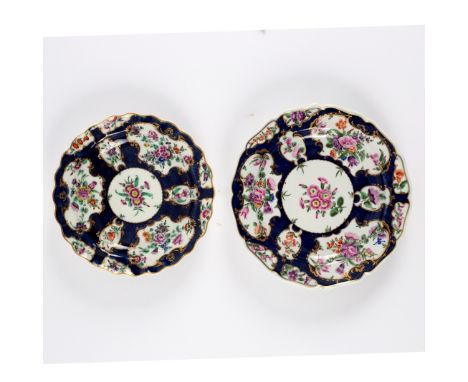 Two Worcester blue scale ground plates with reserves of flowers, circa 1770, the largest 22cm wide CONDITION REPORT: 251 - la