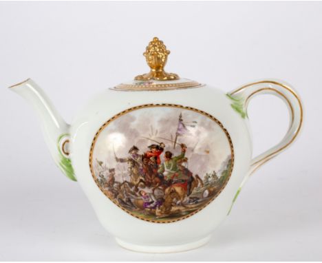 A Meissen (Marcolini) ogee teapot, painted battle scenes, circa 1790 CONDITION REPORT: with blue crossed swords marks and sta