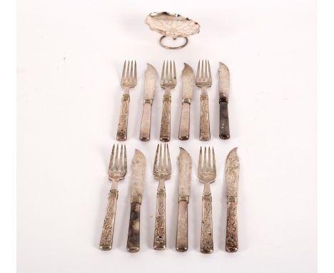 Six pairs of Chinese export silver fish knives and forks, HW 90, each with dragon design to handle and a bowl of lily pad for