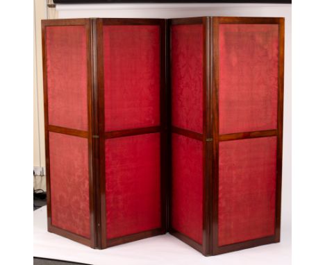 A mahogany framed four-panel folding screen set with damask panels, 181.5cm high