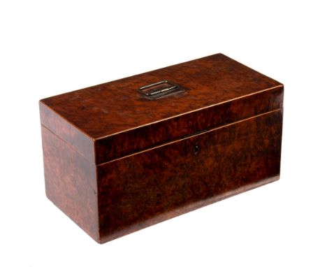 A late Georgian burr walnut tea caddy, fitted two oval hinged lidded compartments flanking an aperture for a mixing bowl, 30.