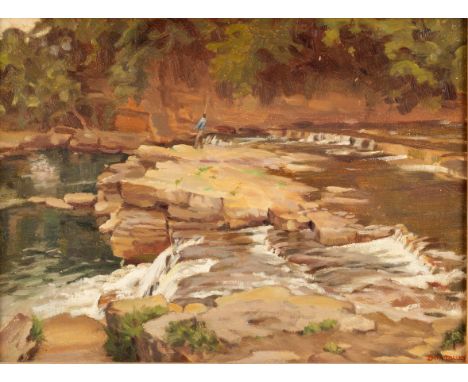 Doris M Tolley/Fishing on the Weir/signed and inscribed verso/oil on panel, 26cm x 35cm