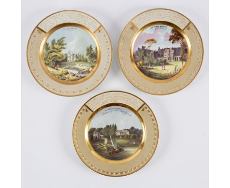 Three Chamberlains Worcester plates painted grand houses, The Rye House, Holland House and Hampton House from engravings by J