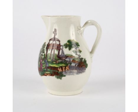 A Worcester hot milk jug and cover, circa 1760, the crossed swords and 6. mark, printed and painted with figures before a tem