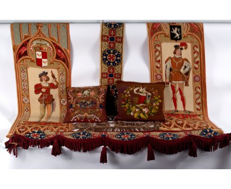 Two needlework cushions, a needlework pelmet, a pair of Medieval style tapestry wall hangings and sundry textiles