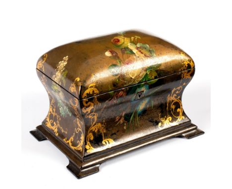 A Victorian papier-mâché tea caddy by Jennens &amp; Bettridge, with domed cover containing two lidded compartments, 19cm wide