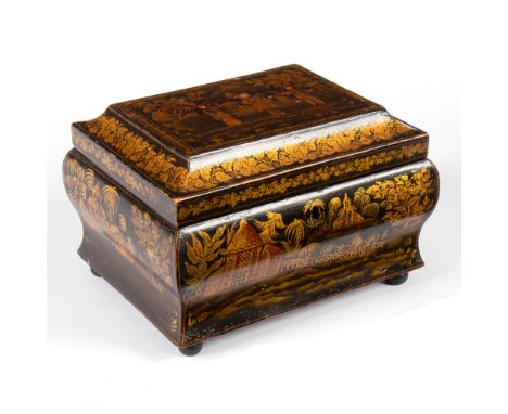 A 19th Century lacquered tea caddy, chinoiserie decoration, fitted a tin compartment marked Seymour, Maker, York, 23.5cm wide