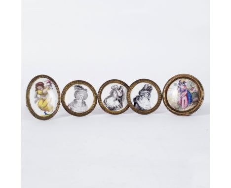 Three circular enamel roundels, bust portraits of women, mounted on brass screw hooks, 4cm diameter, a coloured enamel rounde