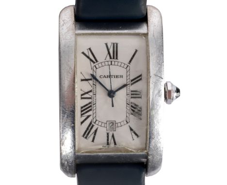 A gentleman's 18ct white gold cased Cartier Tank Américaine wristwatch, the rectangular silver guilloche dial with Roman nume