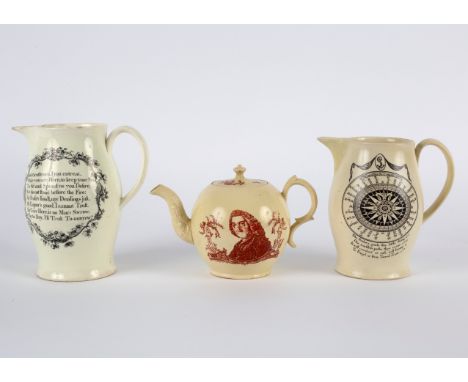 Two English creamware transfer printed jugs and a bullet-shaped teapot and cover, late 18th Century/circa 1800, the first jug