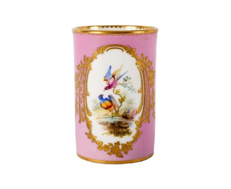 An English porcelain cylindrical pink ground vase, painted birds in a tooled gilt bordered cartouche, 9cm high CONDITION REPO