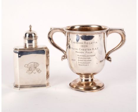 A Queen Anne style silver tea caddy, TB, London 1895, italic initials to side, 13cm high and a Georgian style silver loving c