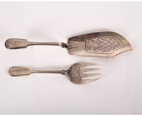 A matched pair of fiddle and thread pattern silver fish servers, the slice CL, London 1844, the fork Goldsmiths &amp; Silvers