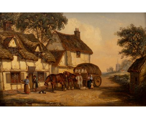 Thomas Smythe (British 1825-1926)/Figures and Cart outside a Country Cottage/Horse drawn cart in the snow/ a pair, oil on pan