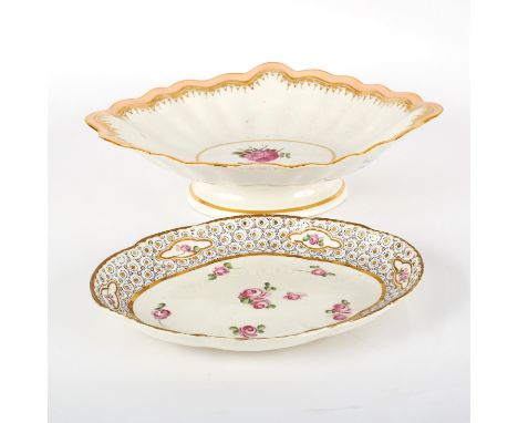 A Derby fluted lozenge-shaped comport, puce marks and pattern No. 65, painted with a pink rose in the manner of William Billi
