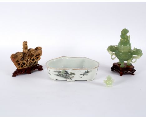 A Chinese nephrite censer and cover, with lion dog finial and dragon mask ring handles, on a wooden stand, total height 22cm,