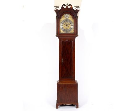 A mahogany eight-day longcase clock, John Dene, London, the arch-top hood with pillars to the side and plain trunk, the brass