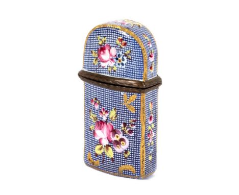 A 19th Century French enamel etui (gutted), decorated roses and other flowers in low relief, 6cm high/see illustration